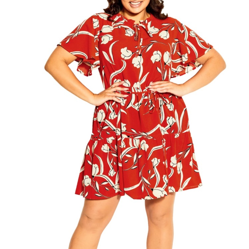 Floral Tie-Waist Red Short Dress